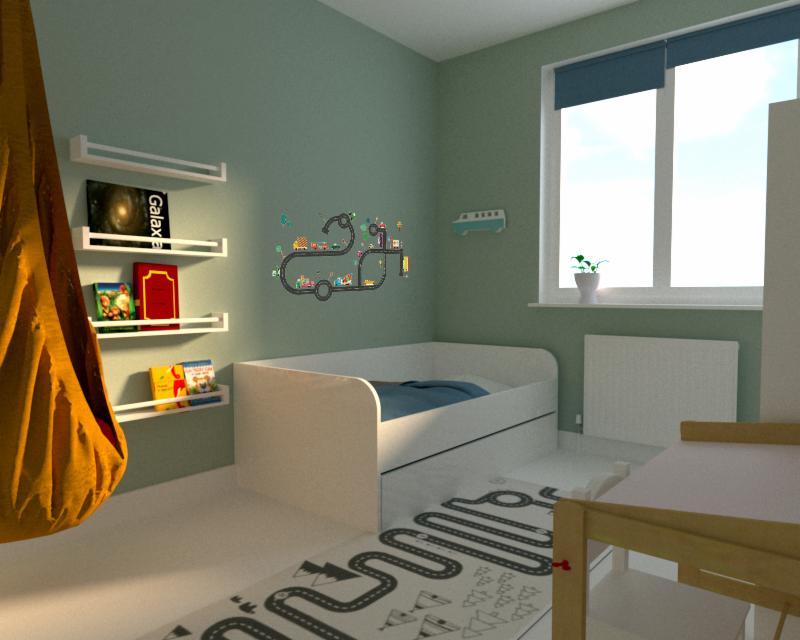 Pokój dziecięcy z białym łóżkiem, biurkiem z jasnego drewna, dywanem z motywem drogi, półkami na książki i dekoracją ścienną z motywem drogi i pojazdów.