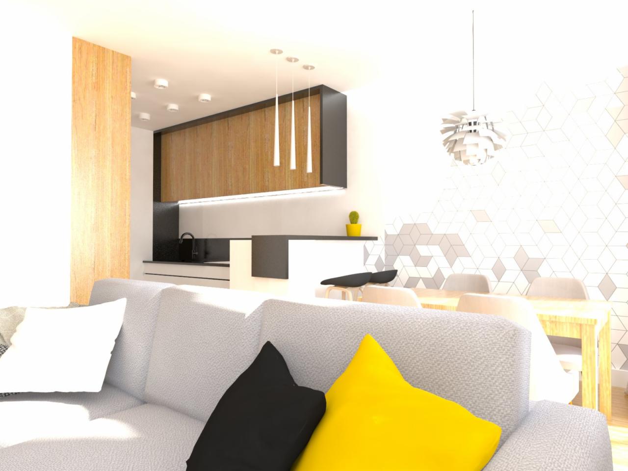 Wizualizacja salonu z aneksem kuchennym w nowoczesnym stylu: szara sofa z żółtą poduszką na pierwszym planie, w tle drewniana zabudowa kuchenna, białe ściany z geometrycznym wzorem i designerska...