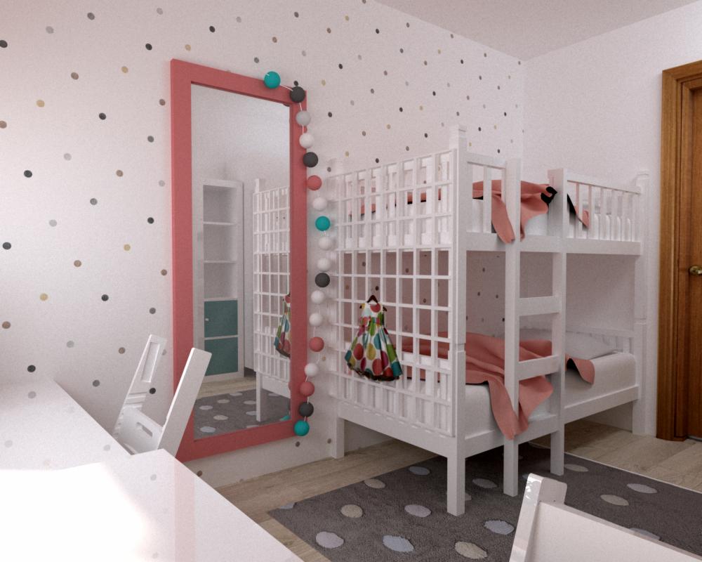Pokój dziecięcy z białym łóżkiem piętrowym, różowym kocem, lustrem w różowej ramie z dekoracyjną girlandą i tapetą w kropki.