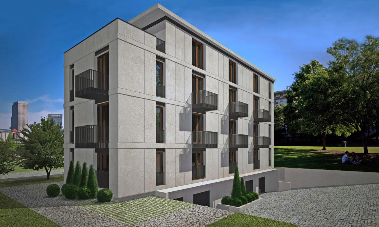 Wizualizacja budynku wielorodzinnego z balkonami, elewacja z jasnego kamienia, otoczenie z zielenią miejską i kostką brukową.
