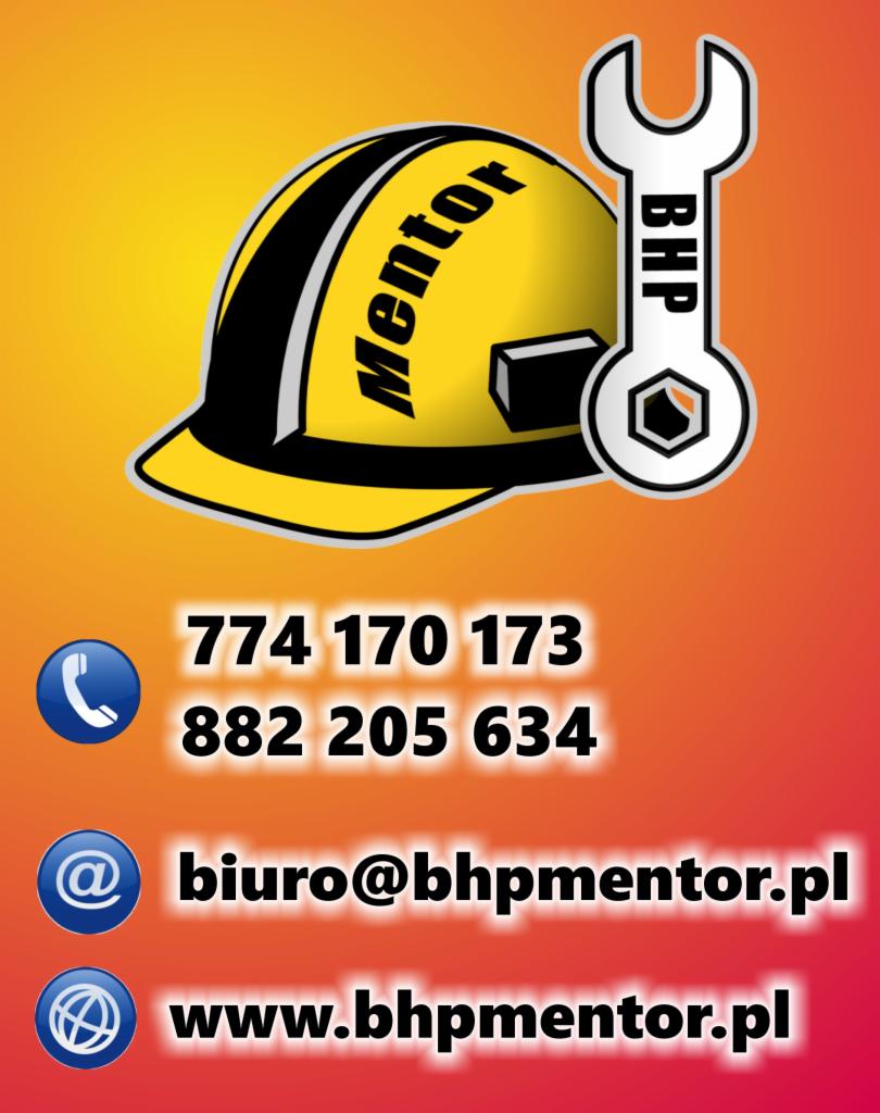 Grafika reklamowa z żółtym kaskiem budowlanym z napisem 'Mentor', kluczem francuskim z napisem 'BHP', numerami telefonów, adresem e-mail i adresem strony internetowej.