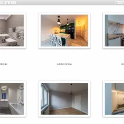 Galeria zdjęć z remontów: łazienka z mozaiką, kuchnia z wyspą i zielonymi szafkami, biała kuchnia z marmurowym backsplash.