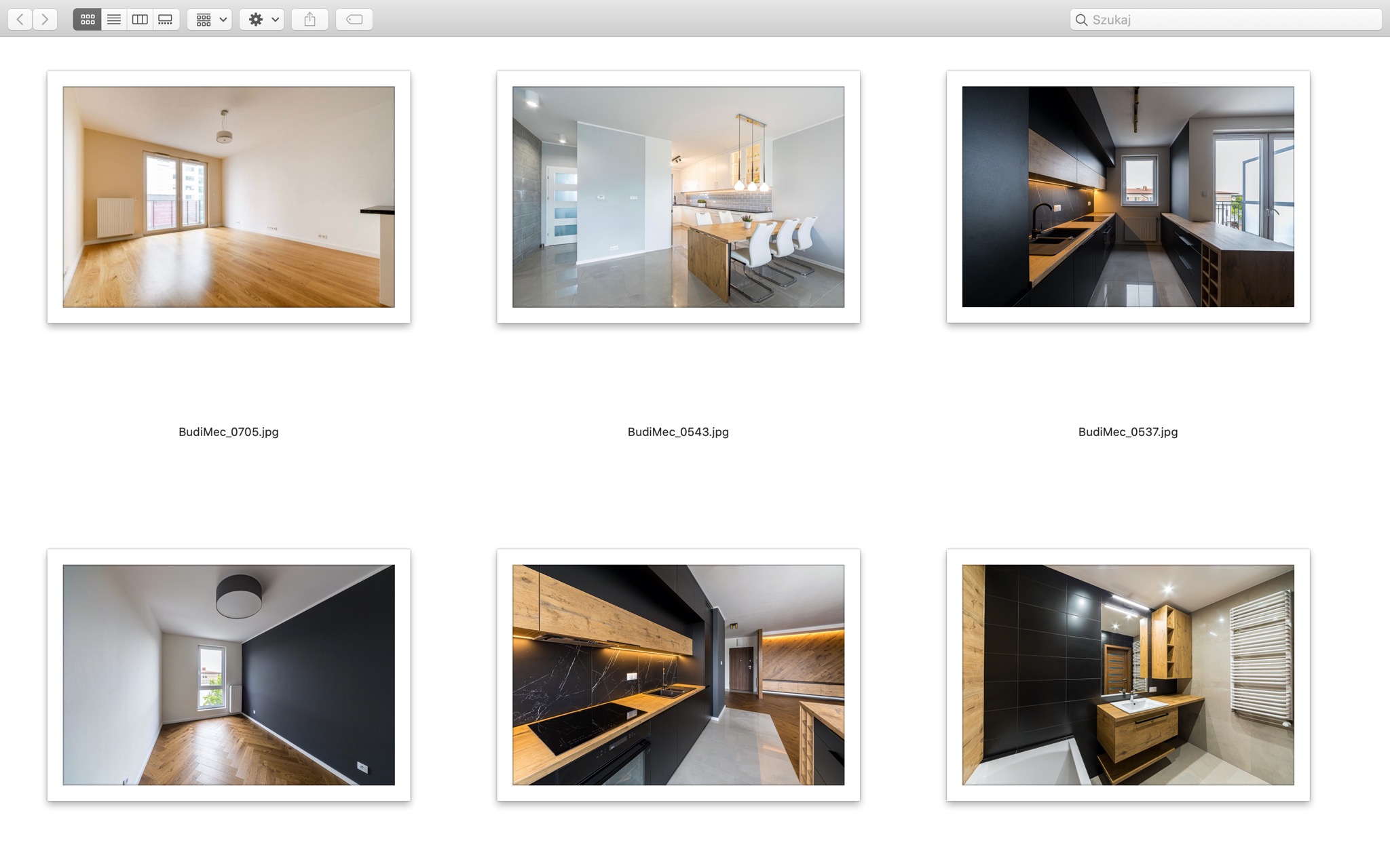 Zestaw sześciu zdjęć przedstawiających różne wnętrza po remoncie, w tym salon z parkietem, jadalnię z nowoczesnym stołem i krzesłami, kuchnię z czarnymi szafkami i drewnianymi blatami,...