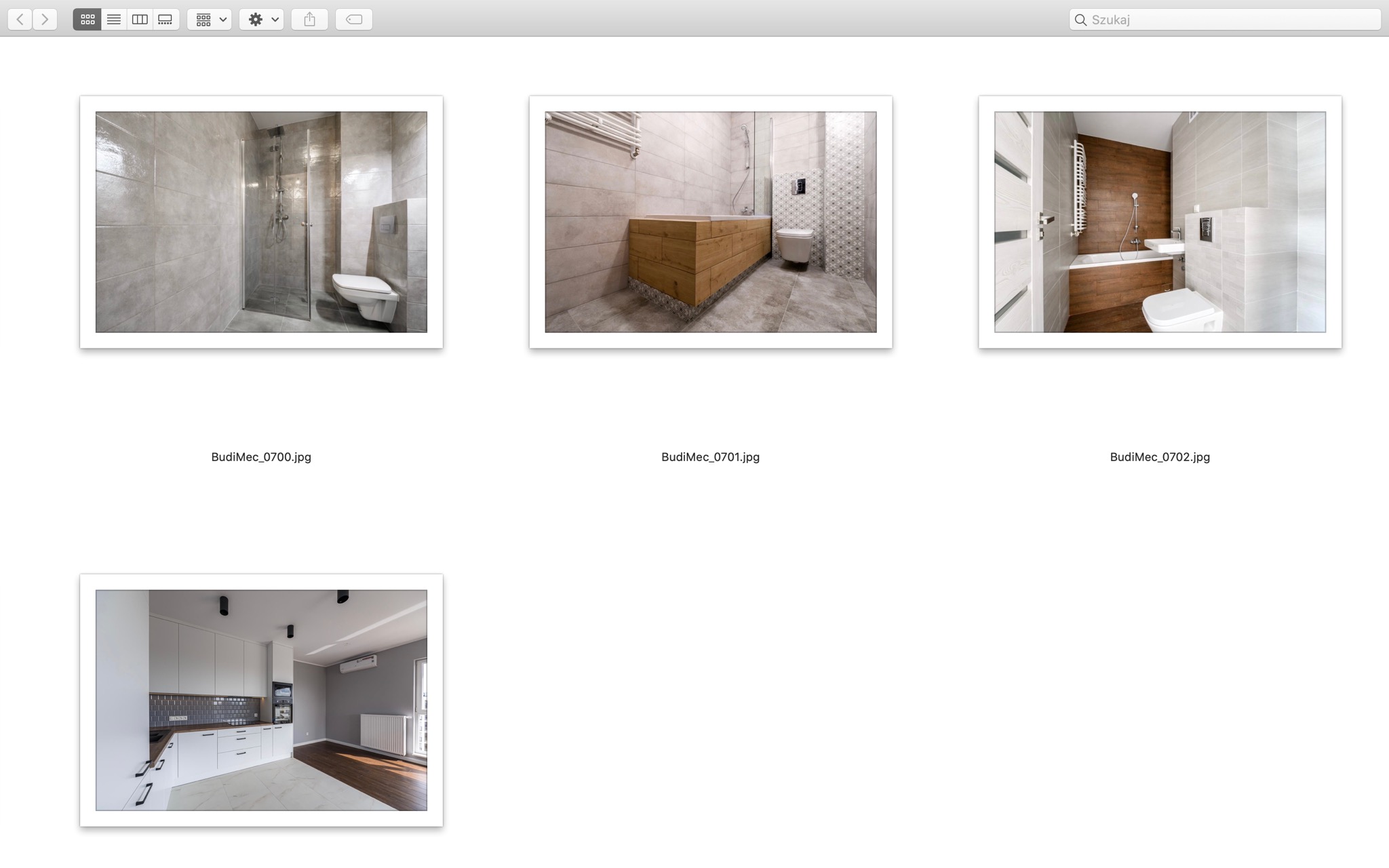 Prezentacja galerii zdjęć z czterema różnymi łazienkami i kuchnią po zakończonych pracach. Widoczne nowoczesne aranżacje z wykorzystaniem płytek ceramicznych, drewnianych elementów i białych mebli.