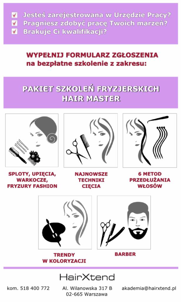Plakat reklamujący pakiet szkoleń fryzjerskich Hair Master, oferujący naukę splotów, upięć, warkoczy, fryzur fashion, najnowszych technik cięcia, 6 metod przedłużania włosów, trendy w koloryzacji...