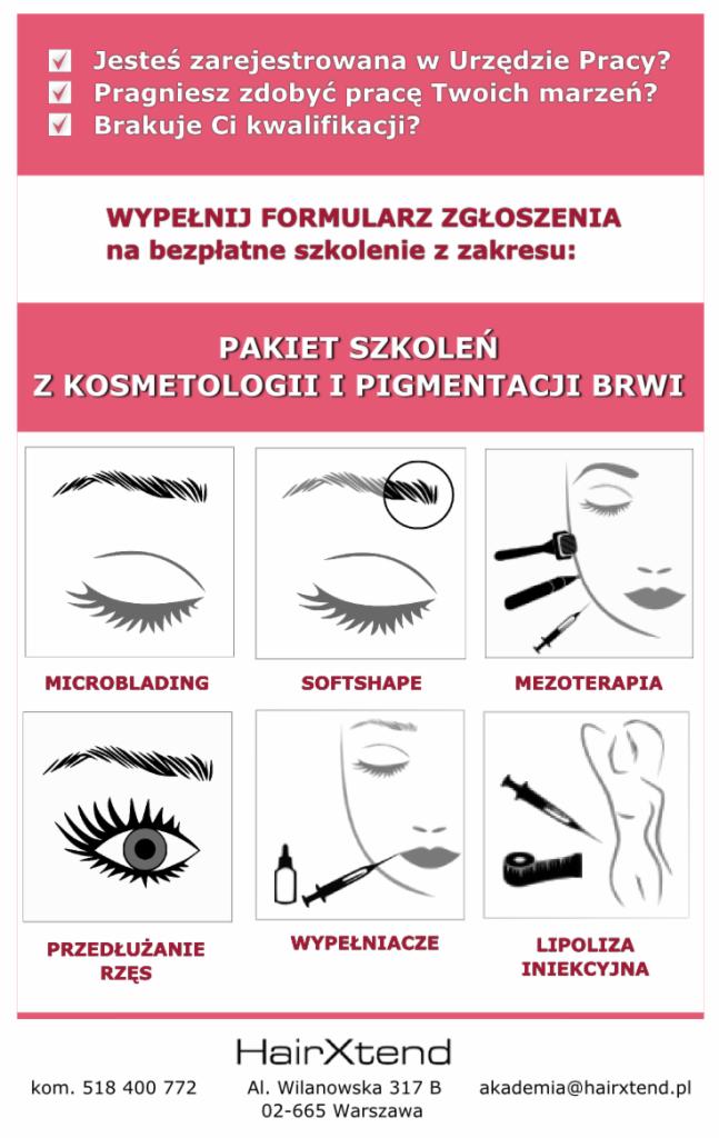 Ogłoszenie o bezpłatnym szkoleniu z zakresu kosmetologii i pigmentacji brwi, prezentujące grafiki microbladingu, softshape, mezoterapii, przedłużania rzęs, wypełniaczy i lipolizy iniekcyjnej.