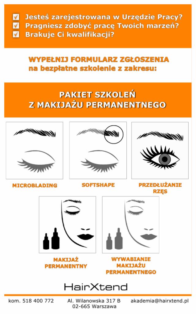 Plakat reklamujący pakiet szkoleń z makijażu permanentnego, prezentujący techniki microbladingu, softshape, przedłużania rzęs, makijażu permanentnego i wywabiania makijażu permanentnego.