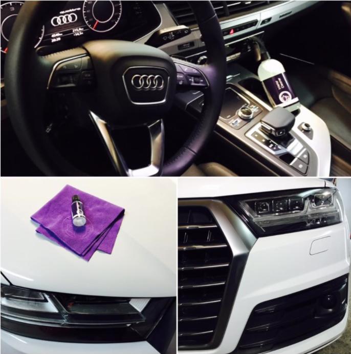 Kolaż przedstawiający wnętrze i fragment karoserii Audi Q7 po zabiegach detailingowych, widoczny kokpit, kierownica, butelka z preparatem do pielęgnacji, fioletowa ściereczka z mikrofibry...