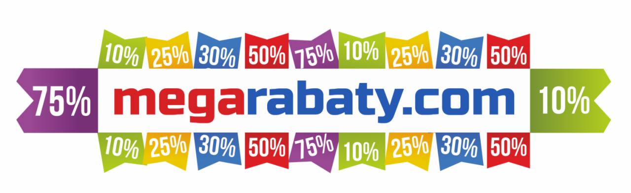 Logo firmy megarabaty.com z kolorowymi flagami rabatowymi 10%, 25%, 30%, 50% i 75%.