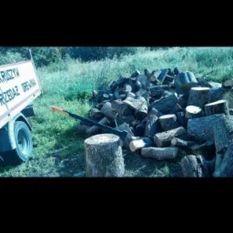 Stos pociętego drewna na trawie, toporek wbity w pień, w tle przyczepka z napisem 'Sprzedaż drewna'.