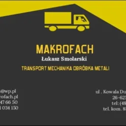 Wizytówka firmy Makrofach Łukasz Smolarski, oferującej transport, mechanikę i obróbkę metali. Na wizytówce znajduje się żółte logo przedstawiające ciężarówkę, a także adres e-mail, strona...