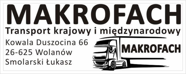 Czarno-biała grafika przedstawiająca wizytówkę firmy MAKROFACH z adresem Kowala Duszocina 66, 26-625 Wolanów, Smólarski Łukasz, oferującej transport krajowy i międzynarodowy, z sylwetką ciężarówki...