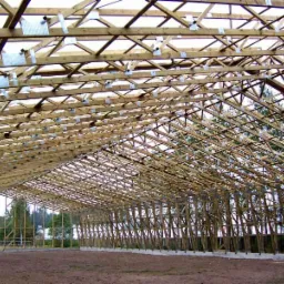 Wnętrze konstrukcji drewnianej hali w trakcie budowy, widoczne liczne elementy nośne połączone metalowymi płytkami, ziemia wewnątrz, drzewa w tle.