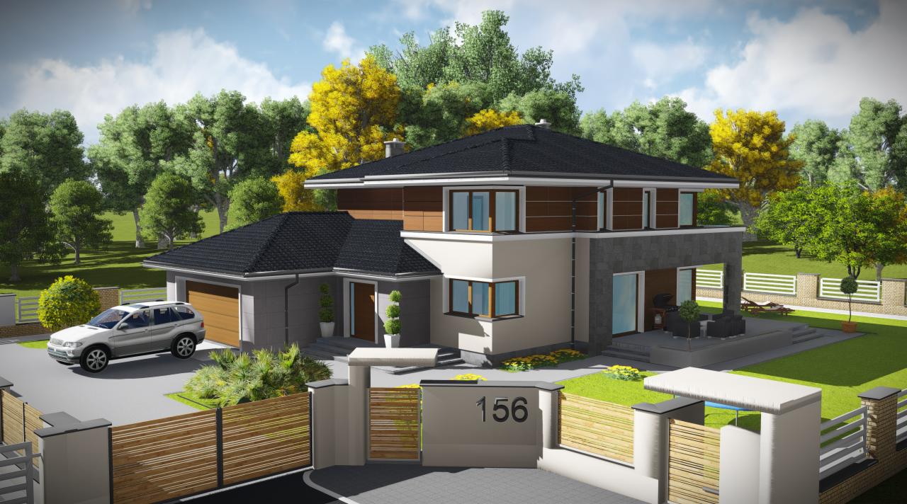 Wizualizacja dwukondygnacyjnego domu jednorodzinnego z garażem, jasną elewacją z elementami drewna i kamienia, ciemnym dachem, nowoczesnym ogrodzeniem z numerem 156, samochodem na podjeździe...