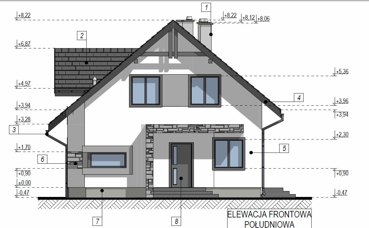 Rzut elewacji frontowej południowej domu jednorodzinnego z zaznaczonymi wymiarami i poziomami, prezentujący bryłę budynku, rozmieszczenie okien, drzwi i elementów wykończeniowych.