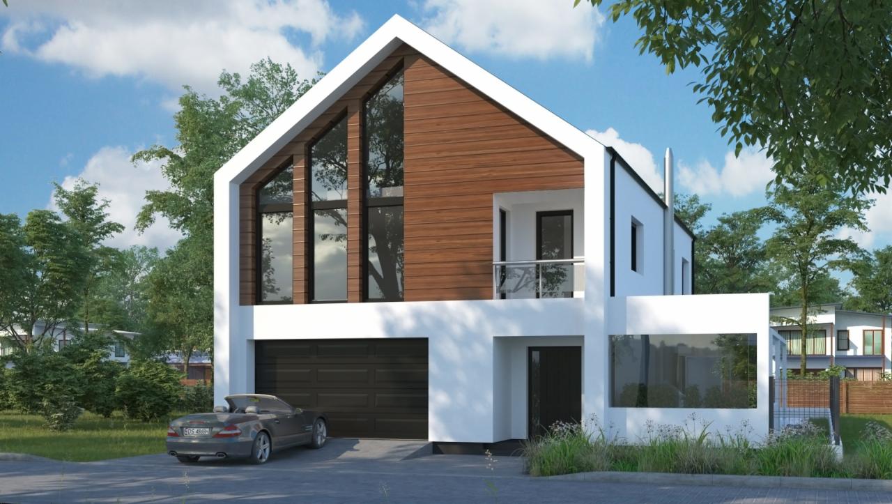 Wizualizacja nowoczesnego domu jednorodzinnego z garażem, drewnianą elewacją na poddaszu i dużymi oknami, zaparkowany szary kabriolet w tle drzewa i błękitne niebo.