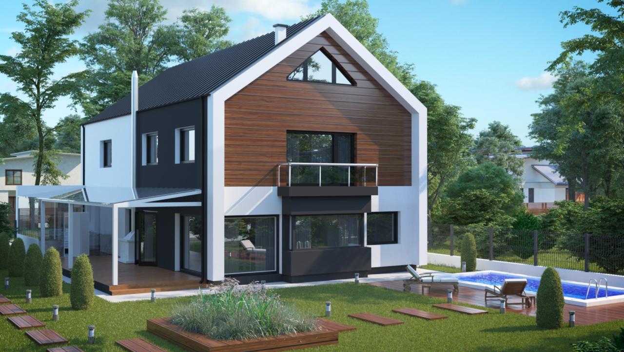 Wizualizacja nowoczesnego, dwukondygnacyjnego domu z basenem w ogrodzie, charakteryzującego się połączeniem białych i czarnych elementów elewacji oraz drewnianej okładziny na górnej części,...