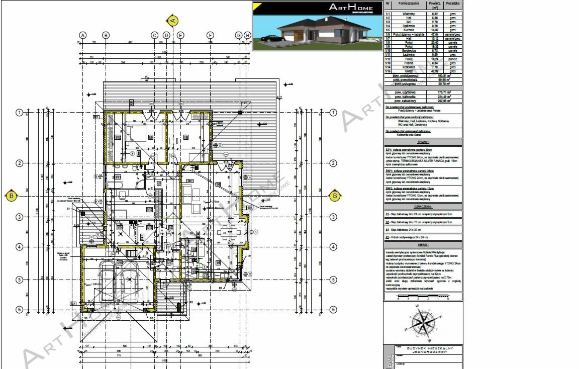 Rzut poziomy parteru domu jednorodzinnego z wymiarami, opisem pomieszczeń i materiałów budowlanych, wraz z wizualizacją 3D budynku i logo firmy projektowej w rogu.