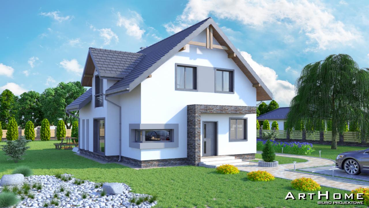 Wizualizacja domu jednorodzinnego z dwuspadowym dachem w kolorze szarym, białymi ścianami i kamienną elewacją przy wejściu, otoczonego zielonym trawnikiem, ozdobnymi kamieniami i drzewami...