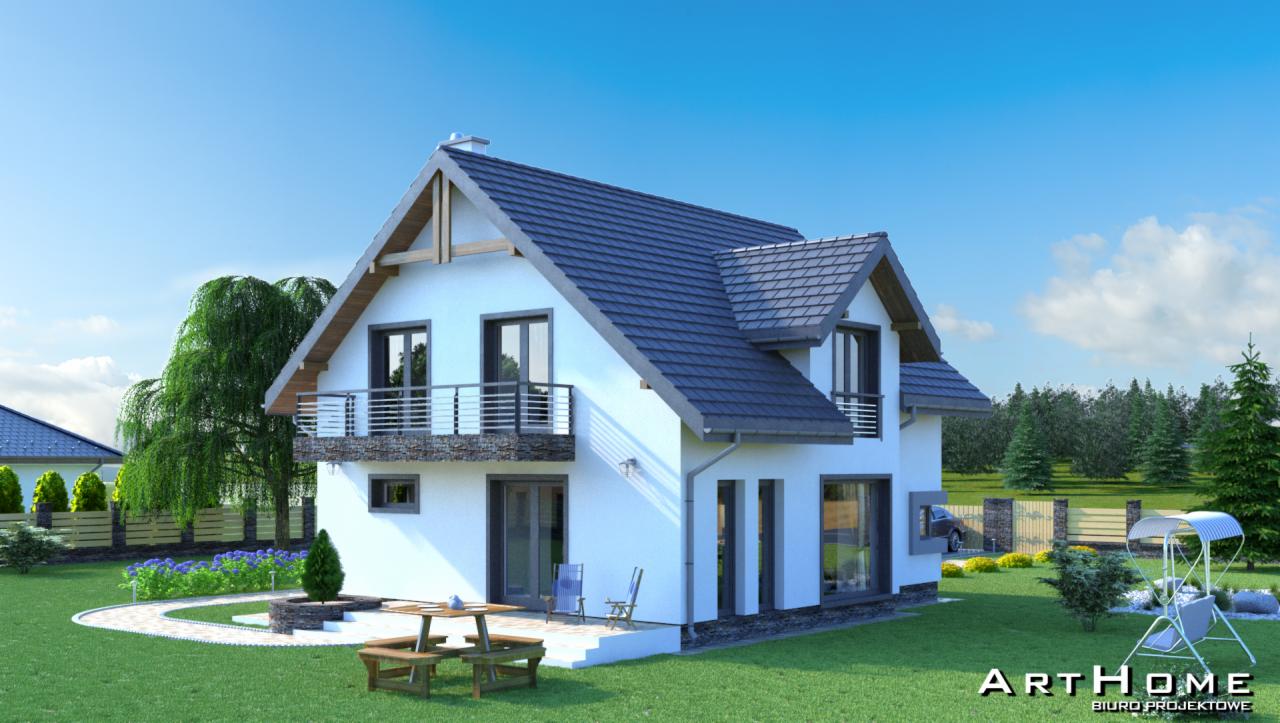 Wizualizacja projektu domu jednorodzinnego z balkonem, dwuspadowym dachem z ciemnej dachówki i ogrodem z meblami ogrodowymi oraz huśtawką, na tle błękitnego nieba z delikatnymi chmurami.