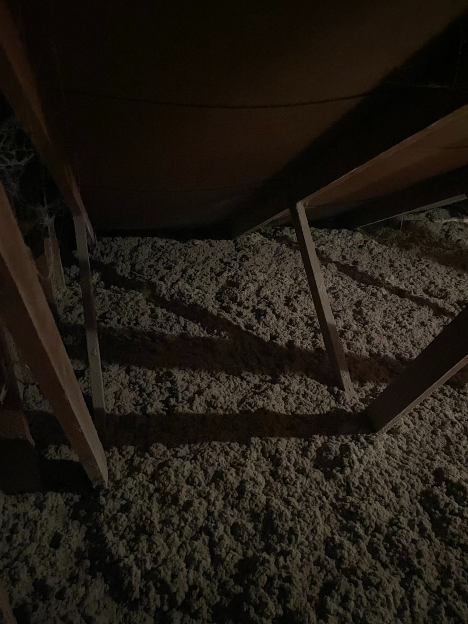 Poddasze z drewnianą konstrukcją i grubą warstwą szarej izolacji termicznej, widoczne pajęczyny w rogu, słabe oświetlenie.