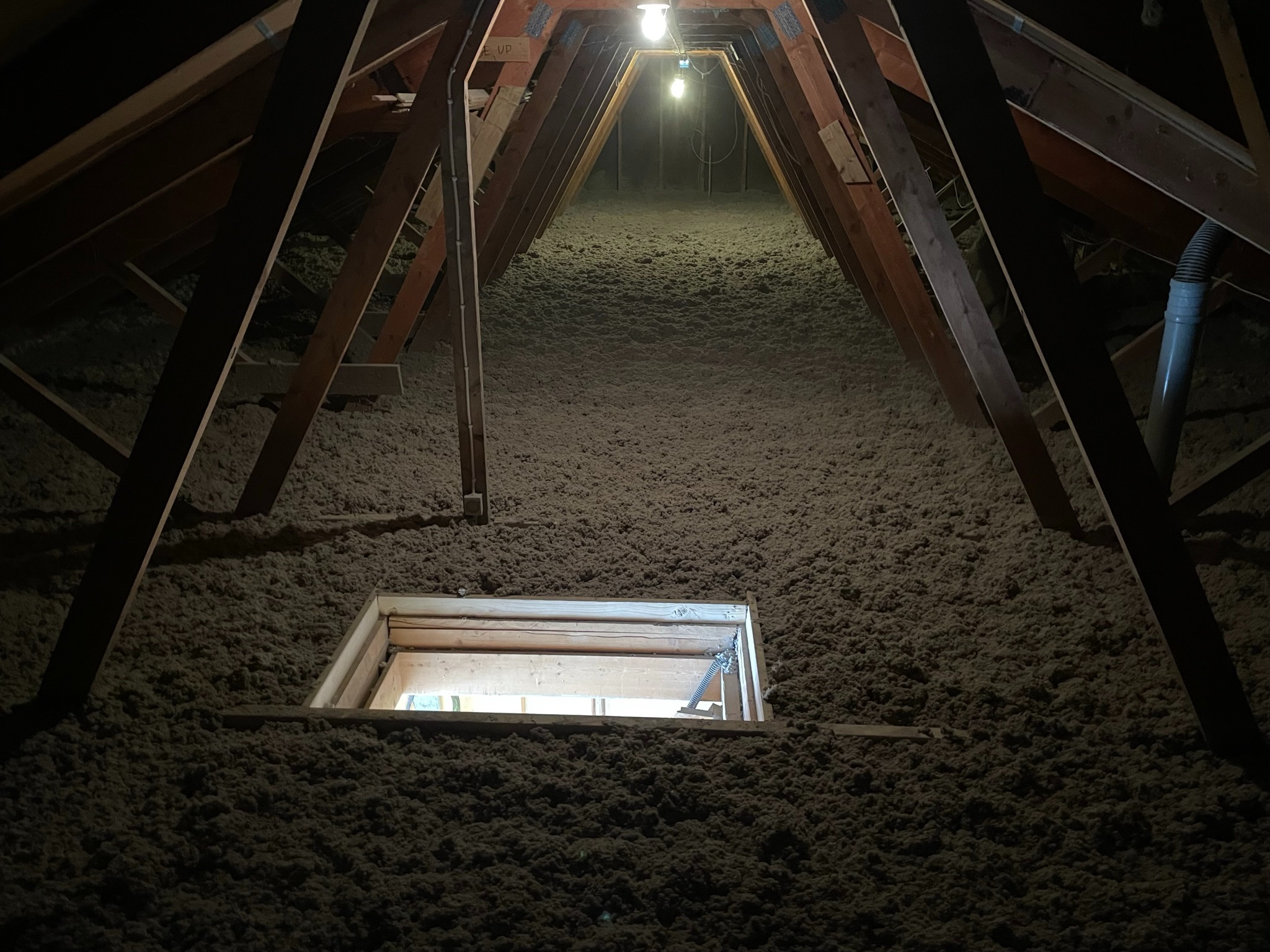 Poddasze z widoczną izolacją termiczną, drewnianą konstrukcją dachu i oknem dachowym, oświetlone żarówkami.