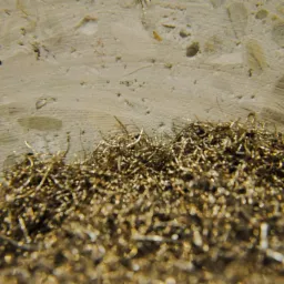 Makro zbliżenie na beton z widocznymi włóknami stalowymi, tworzącymi warstwę na powierzchni betonu.