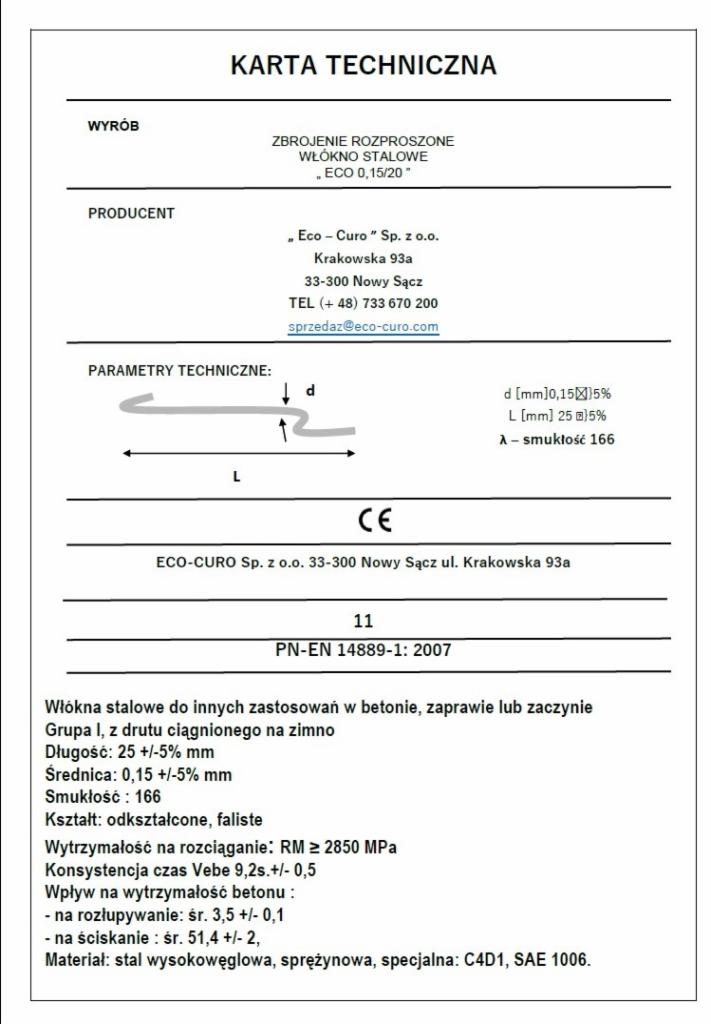 Karta techniczna włókna stalowego do zbrojenia betonu, z parametrami technicznymi, wymiarami, normą PN-EN 14889-1:2007 i danymi kontaktowymi producenta Eco-Curo.