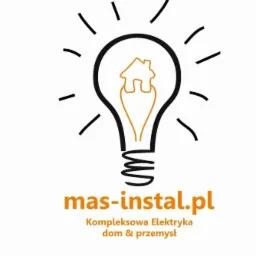 Logo firmy mas-instal.pl przedstawiające żarówkę z symbolem domu w środku i hasłem 'Kompleksowa Elektryka dom & przemysł'.