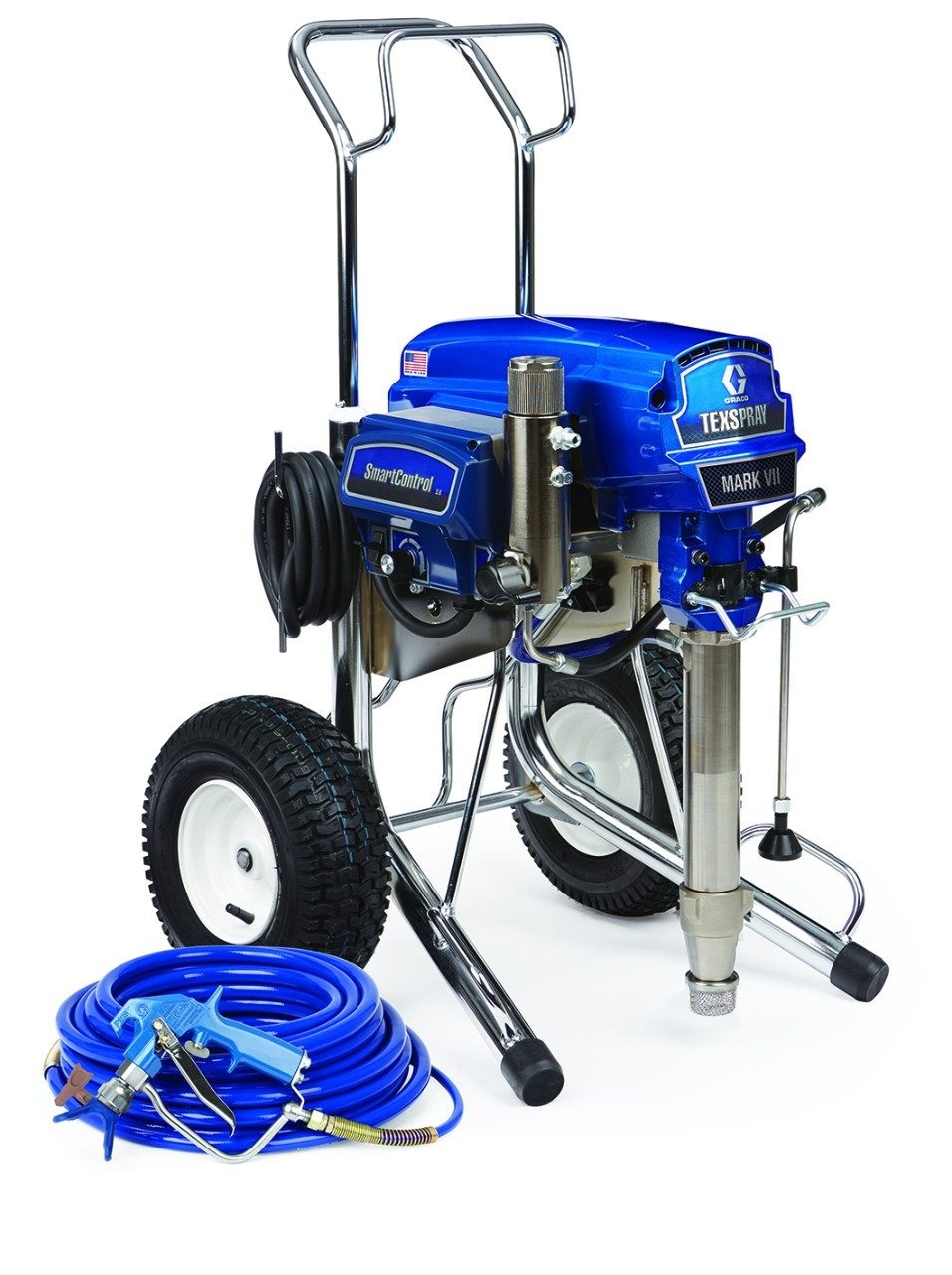 Profesjonalny agregat malarski Graco TexSpray Mark VII na wózku z kołami, z niebieskim wężem i pistoletem natryskowym, widok z przodu na białym tle.