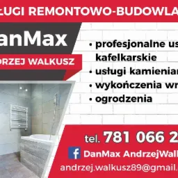 Reklama firmy remontowo-budowlanej DanMax Andrzej Walkusz, prezentująca wykończoną łazienkę z szarymi płytkami, wanną obudowaną płytkami, umywalką z drewnianą szafką i grzejnikiem drabinkowym.