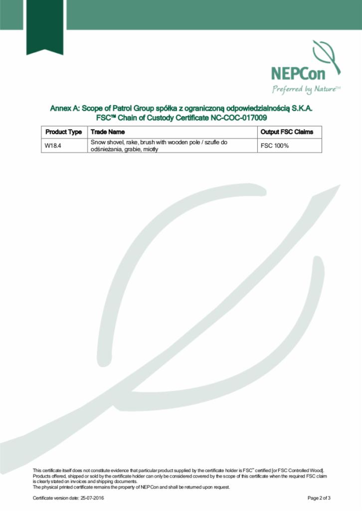Skan certyfikatu FSC Chain of Custody Certificate NC-COC-017009 firmy NEPCon, dotyczący produktów takich jak szufle do śniegu, grabie i miotły.