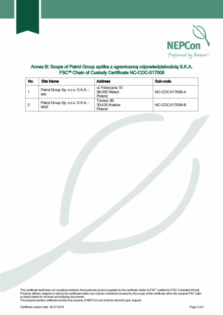 Skan certyfikatu FSC Chain of Custody NC-COC-017009 firmy NEPCon dla Patrol Group Sp. z o.o. S.K.A., zawierający adresy oddziałów w Wieluniu i Krakowie.