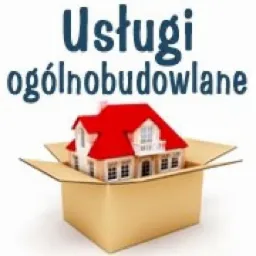 Model domu z czerwonym dachem w kartonowym pudełku, nad nim napis 'Usługi ogólnobudowlane'.