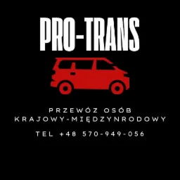 Logo firmy transportowej PRO-TRANS z czerwonym schematycznym busem na czarnym tle, oferującej przewóz osób krajowy i międzynarodowy, numer telefonu +48 570-949-056.