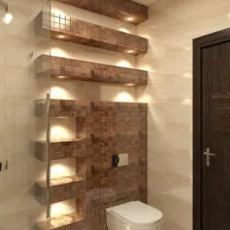 Nowoczesna łazienka z toaletą podwieszaną, drewnopodobną mozaiką na ścianie i półkami z oświetleniem punktowym, widok na kabinę prysznicową z elementami szklanymi.
