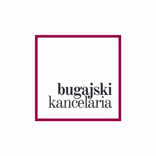 Logo kancelarii 'bugajski kancelaria' w czarnej czcionce, umieszczone wewnątrz bordowej, kwadratowej ramki na białym tle.