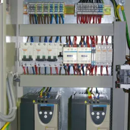 Wnętrze szafy sterowniczej z dwoma falownikami, bezpiecznikami, listwami zaciskowymi i okablowaniem w kolorach niebieskim, czerwonym i brązowym.