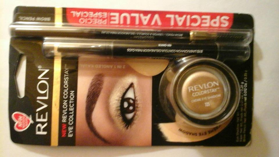 Zestaw do makijażu oczu Revlon Colorstay: kredka do brwi, kredka do oczu i cień w kremie w opakowaniu z wizerunkiem oka z wykonanym makijażem w odcieniach brązu i złota.