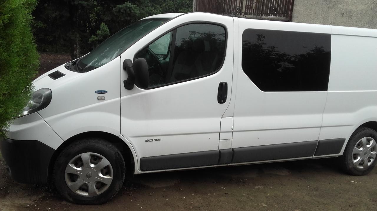 Biały van Renault Trafic z przyciemnianymi szybami, zaparkowany na ubłoconym podłożu przed zielonym krzewem i szarym budynkiem.