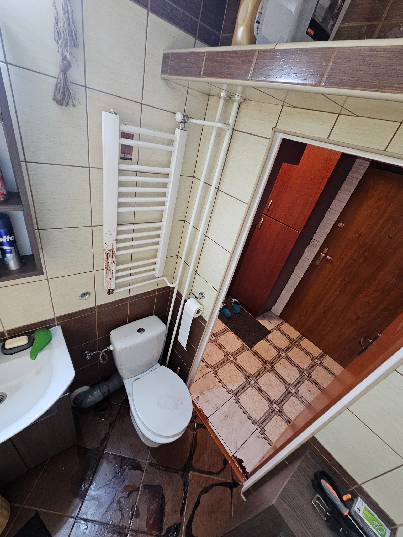 Brudna łazienka z widocznymi plamami na podłodze i ścianach, biała toaleta i umywalka, grzejnik drabinkowy z zaciekami, otwarte drzwi do innego pomieszczenia.