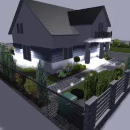 Wizualizacja 3D domu z zagospodarowanym terenem: trawnik, ścieżki z kostki, ozdobne krzewy, oświetlenie punktowe wzdłuż ścieżek, nowoczesne ogrodzenie z elementami z cegły.