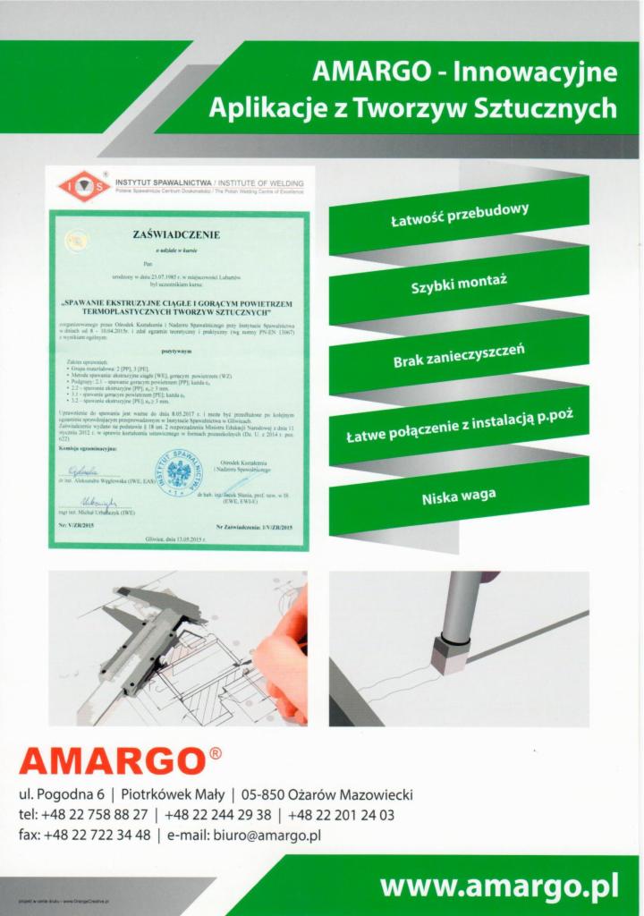 Ulotka reklamowa firmy AMARGO prezentująca innowacyjne aplikacje z tworzyw sztucznych, zawierająca certyfikat Instytutu Spawalnictwa dotyczący spawania ekstruzyjnego oraz informacje o łatwości...