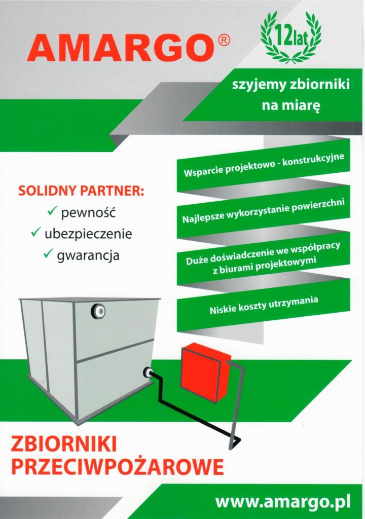 Grafika reklamowa firmy AMARGO prezentująca zbiorniki przeciwpożarowe, z hasłami o pewności, ubezpieczeniu i gwarancji, oraz informacjami o wsparciu projektowo-konstrukcyjnym i niskich kosztach...