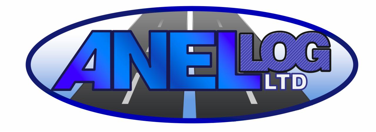 Logo firmy transportowej ANEL LOG LTD na tle stylizowanej drogi w perspektywie.