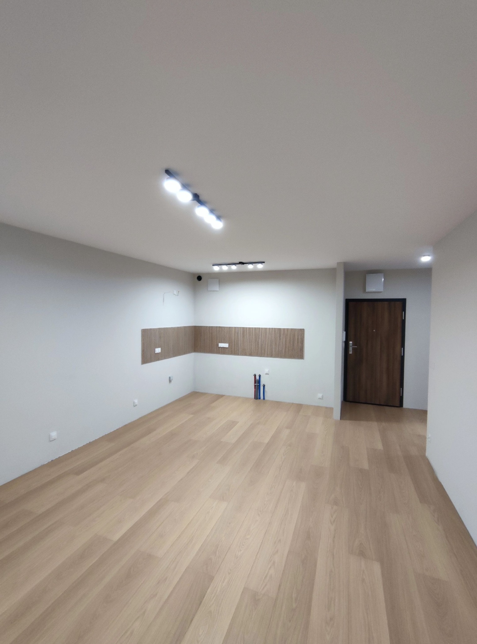 Pusty pokój po remoncie z panelami dekoracyjnymi na ścianie, drewnianą podłogą i oświetleniem sufitowym.