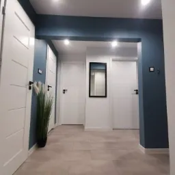 Nowoczesny korytarz z białymi drzwiami, szarą podłogą i akcentami w kolorze ciemnego błękitu, uzupełniony dekoracyjną trawą w czarnej donicy i lustrem w czarnej ramie.