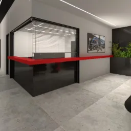 Wizualizacja nowoczesnego biura z recepcją w kolorach czerni i czerwieni, widok na korytarz z napisem 'break room' i strefę relaksu z roślinami i sofami.