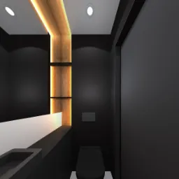 Wizualizacja nowoczesnej, minimalistycznej łazienki w ciemnej kolorystyce z drewnianym, podświetlanym panelem ściennym z półkami, umywalką nablatową i ukrytą spłuczką.