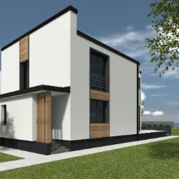Wizualizacja nowoczesnego, dwukondygnacyjnego domu z białymi ścianami, czarnymi obramowaniami i drewnianymi akcentami elewacyjnymi, otoczonego zielonym trawnikiem i drzewami liściastymi na tle...
